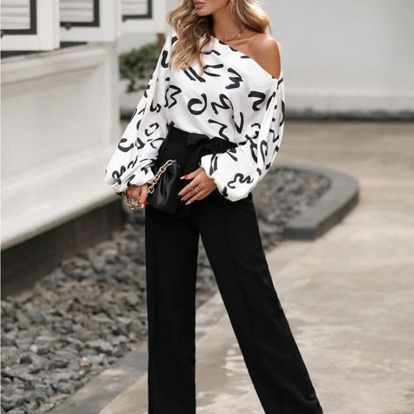 Elegant Off Shoulder Asymmetrical Neck Long Sleeve Top Blouse Shirt - Picture 4 of 7